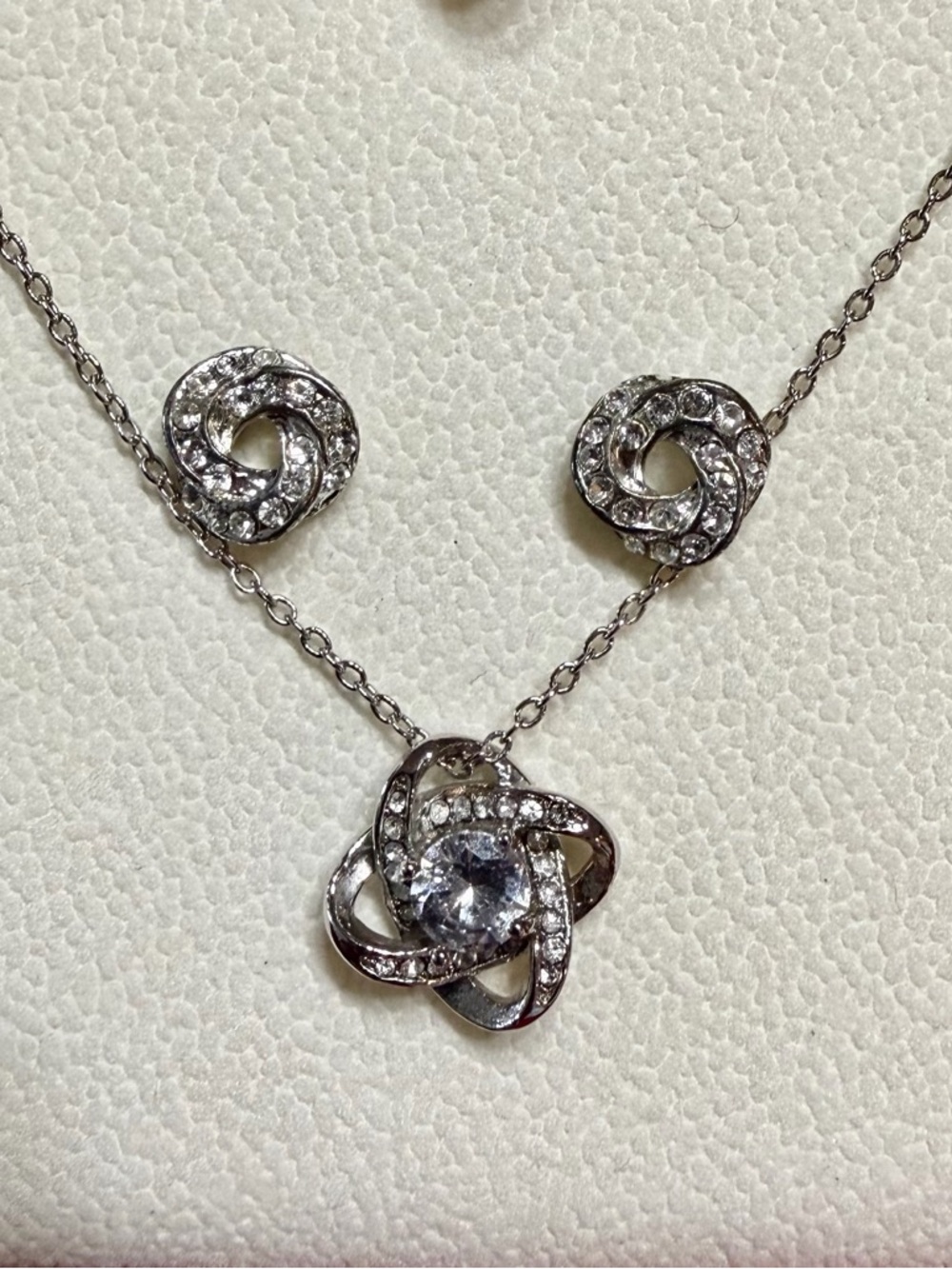 Silver Tone Rhinestone Swirl Necklace & Stud Earrings Set Adjustable - Picture 3 of 10